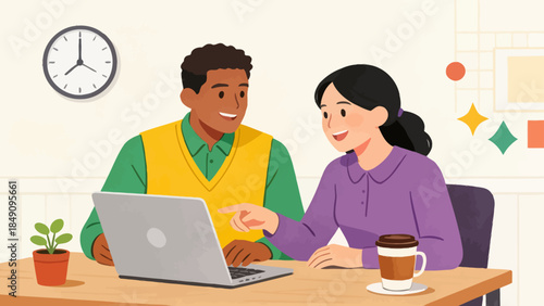 Two people working together on a laptop