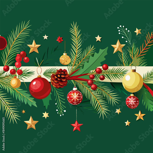 Festive Christmas Pine Garland Banner with Stars and Ornaments Vector