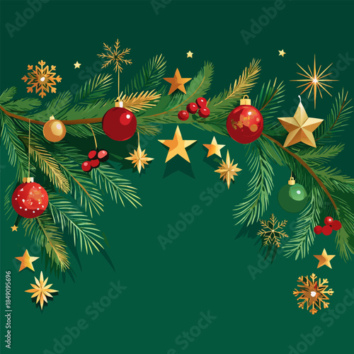 Festive Christmas Pine Garland Banner with Stars and Ornaments Vector