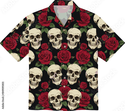 Edgy Hawaiian shirt mockup featuring seamless pattern of human skulls and red roses on black background alternative fashion apparel vector illustration.