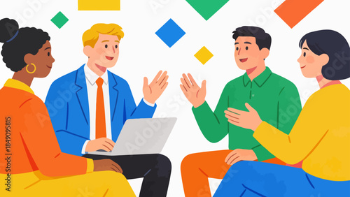 Four people in colorful clothing interacting