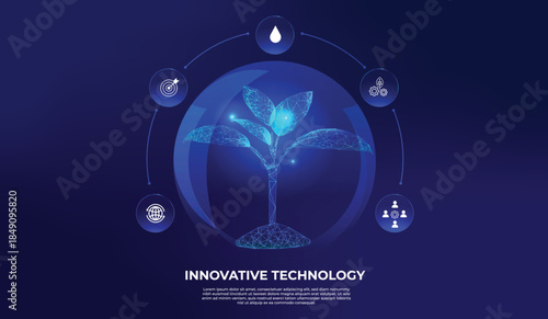 Seedling emerging from a translucent glass sphere. Protection and the ecology of the natural environment. It features technological and biotechnological icons, responsible innovation and care nature