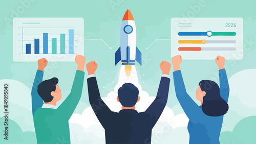 Business team celebrating rocket launch