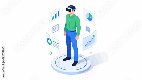 Man in VR headset surrounded by data charts