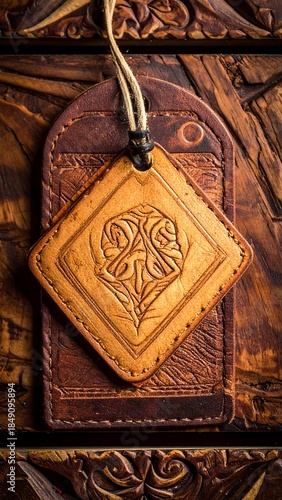 Carved wooden chest with leather tag with an embossed design, tied on with a tan string