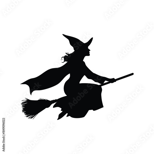 Vector Flying witch silhouette. Classic witch soaring on broomstick with pointed hat and flowing cloak.