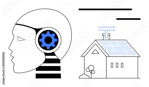 Artificial intelligence, robotics, renewable energy, smart home, sustainability, future technology. Human-thumbs up robot head with a gear and a solar-powered house. Artificial intelligence