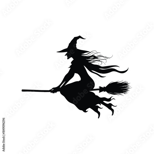 Vector Flying witch silhouette. Classic witch soaring on broomstick with pointed hat and flowing cloak.