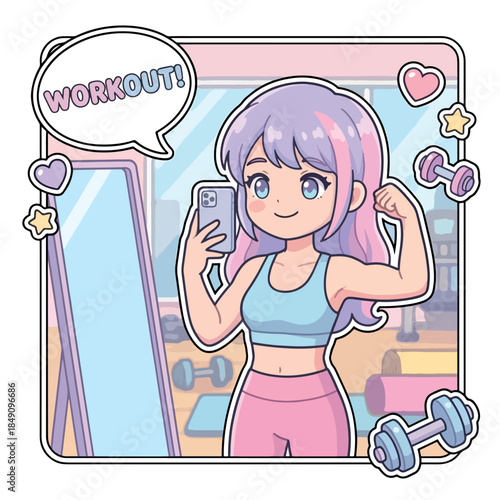 A cute kawaii sticker of a purple-haired fitness girl taking a gym mirror selfie and flexing her muscles