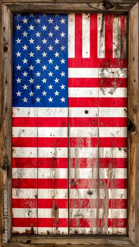 Rustic American flag art in a wood frame, showing wear and aged appearance with paint and wood texture