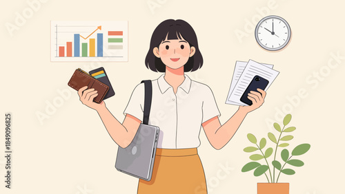 Illustration of woman holding wallet phone and documents