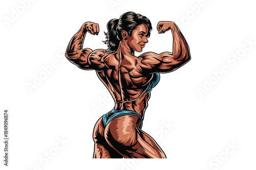 Illustration of a muscular female bodybuilder flexing her biceps, showcasing strength and fitness.