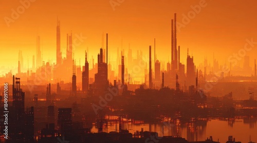 Futuristic cityscape at sunset warm orange glow