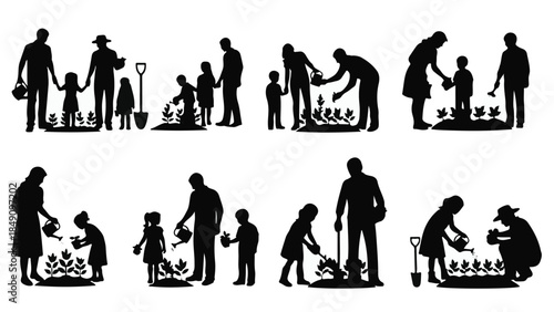 Silhouette of people gardening together in a community