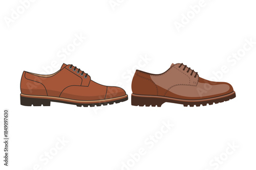 Pair of classic brown leather oxford shoes, one with laces and the other showing stitching detail.