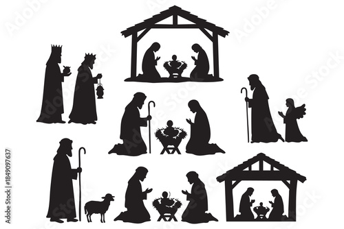 Nativity Scenes Silhouette Art Collection Festive Religious Celebration Iconography. isolated on white background
