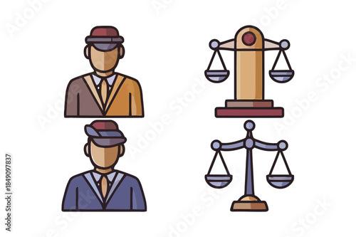 Icons representing legal professionals and scales of justice, symbolizing law, court, and judgment.