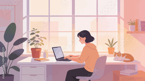 Person working on laptop with cat nearby