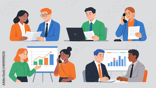 Office workers in various business activities