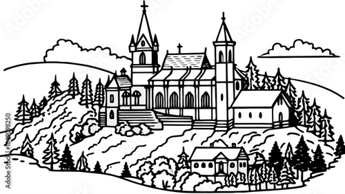 Very beautiful aerial view of Holy Hill in Wisconsin, featuring a medieval-style church atop a wooded hill, rising above surrounding countryside with spiritual presence and striking architectural symm