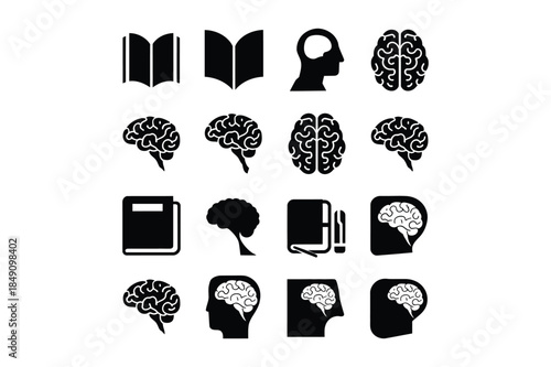Set of black icons representing the brain, books, and human heads, symbolizing knowledge, learning, and intellect.