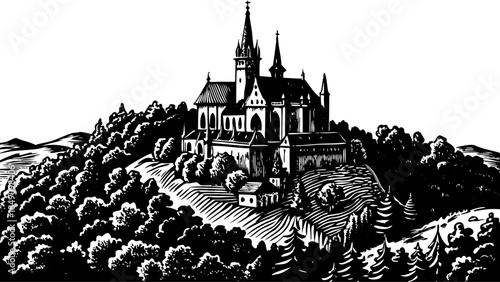 Very beautiful aerial view of Holy Hill in Wisconsin, featuring a medieval-style church atop a wooded hill, rising above surrounding countryside with spiritual presence and striking architectural symm