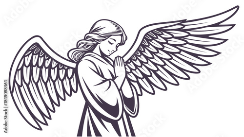 Angel with wings praying in a serene pose 