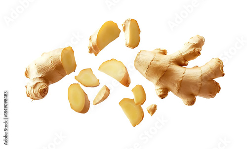 Falling fresh ginger cut slices on transparent PNG or white background.
