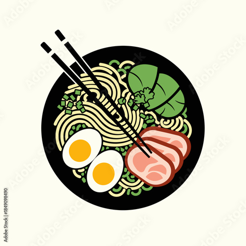 Bowl of Ramen Noodles with Egg and Meat.