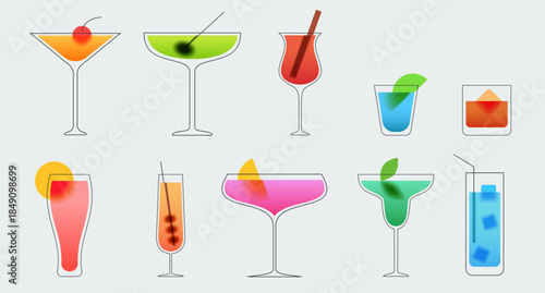 Cocktails glasses with various drinks in modern minimal style. Collection fashion design art composition with bright gradient elements. Set of vector illustration on white background.