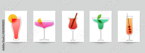 Cocktails drinks vector illustration in modern minimalistic style. Set templates for decoration background poster, card, banner, menu. Abstract fashion design with simple blurred elements.