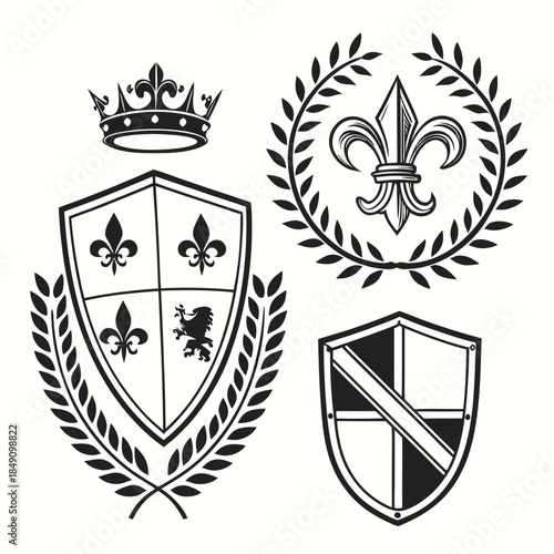 Heraldic Shields and Crowns Collection with FleurdeLis and Laurel Wreaths