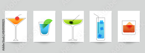 Set of abstract silhouette cocktails with alcohol or juice in minimalistic geometric flat style. Creative colorful composition. Concept for branding menu, cover, flyer, banner. Vector illustration.