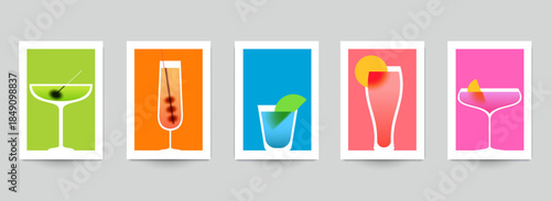 Cocktail drinks illustration in minimalist fashion style for card, poster, cover, menu, banner. Set templates vector art with bright gradient or blurred elements.
