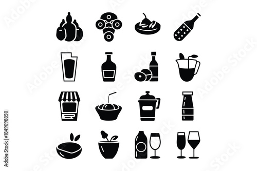Collection of black silhouette icons for drinks and beverages, including bottles, glasses, and fruit.