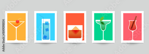 Cocktail drinks illustration in minimalist fashion style for card, poster, cover, menu, banner. Set templates vector art with bright gradient or blurred elements.