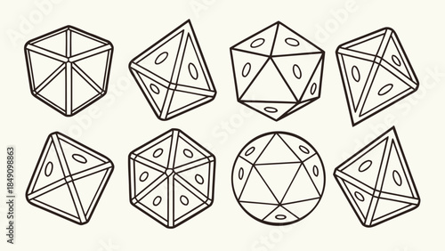 Set of various polyhedral dice for gaming and mathematical illustrations