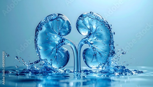 Abstract kidney shape formed from clear flowing water on a soft blue background, symbolizing hydration, kidney health, and preventive care. Clean medical concept with copy space for awareness campaign