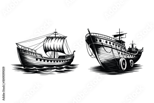 Two detailed woodcut-style illustrations of historical ships at sea and docked, evoking adventure and maritime history.