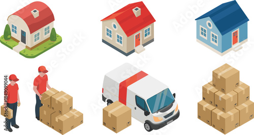 Isometric delivery service illustration, moving house concept, logistics transportation, courier workers, cargo boxes, residential relocation, shipping process