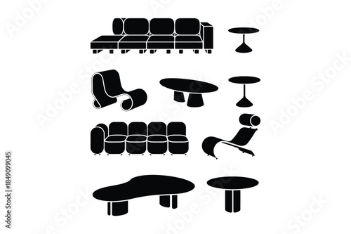 Collection of black silhouette icons featuring modern and classic furniture, including sofas, chairs, and tables.