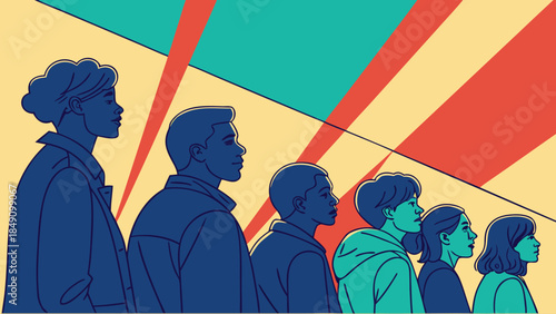 Group of diverse people standing together in line colorful background