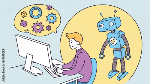 Person Working on Computer with Robot Assistance Technology Concept Illustration