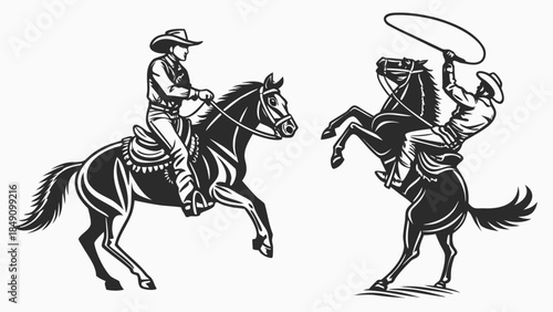 Cowboys riding horses performing stunts in a western setting black and white illustration