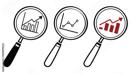Three Magnifying Glasses Showing Graphs and Charts for Business Analysis