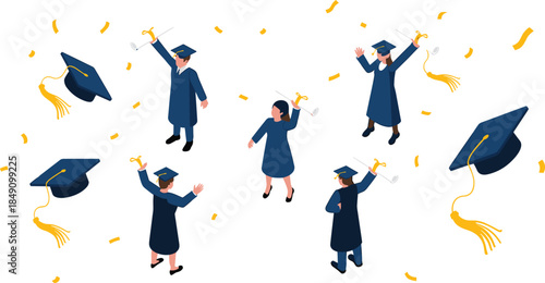 Isometric graduation celebration illustration, happy graduates holding diplomas, academic achievement concept, education success, commencement ceremony, student accomplishment