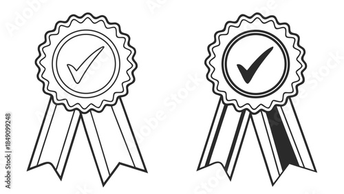 Two Black and White Ribbon Badges with Checkmarks