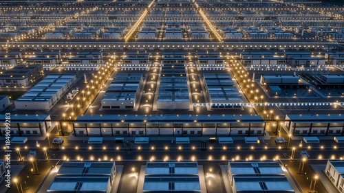 Modern cityscape urban grid illuminated street night architecture futuristic residential area glowing lights symmetry aerial view peaceful atmosphere, large illuminated industrial warehouse complex