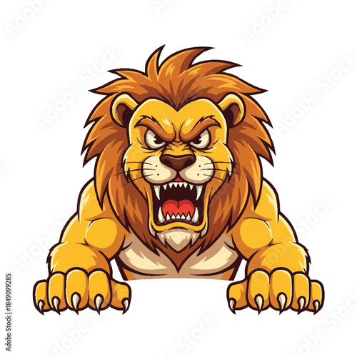 Flat 2D cartoon vector illustration of an angry lion mascot roaring fiercely, projecting aggression and powerful predatory instinct, isolated on a clean white background.