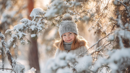 Smiling girl stands in a snowy forest creating a winter portrait